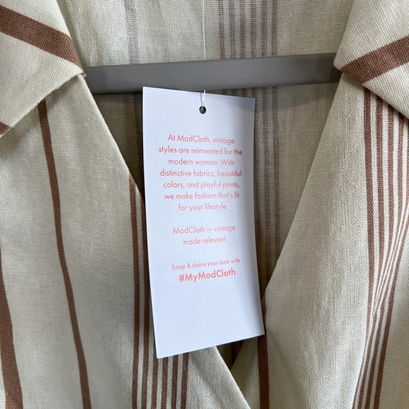 ModCloth Dress Women Size 2 Bow wrapped dress neutral ivory striped linen - Picture 6 of 14